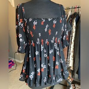 Free People square neck top, smocked bodice with red and white flowers. Medium